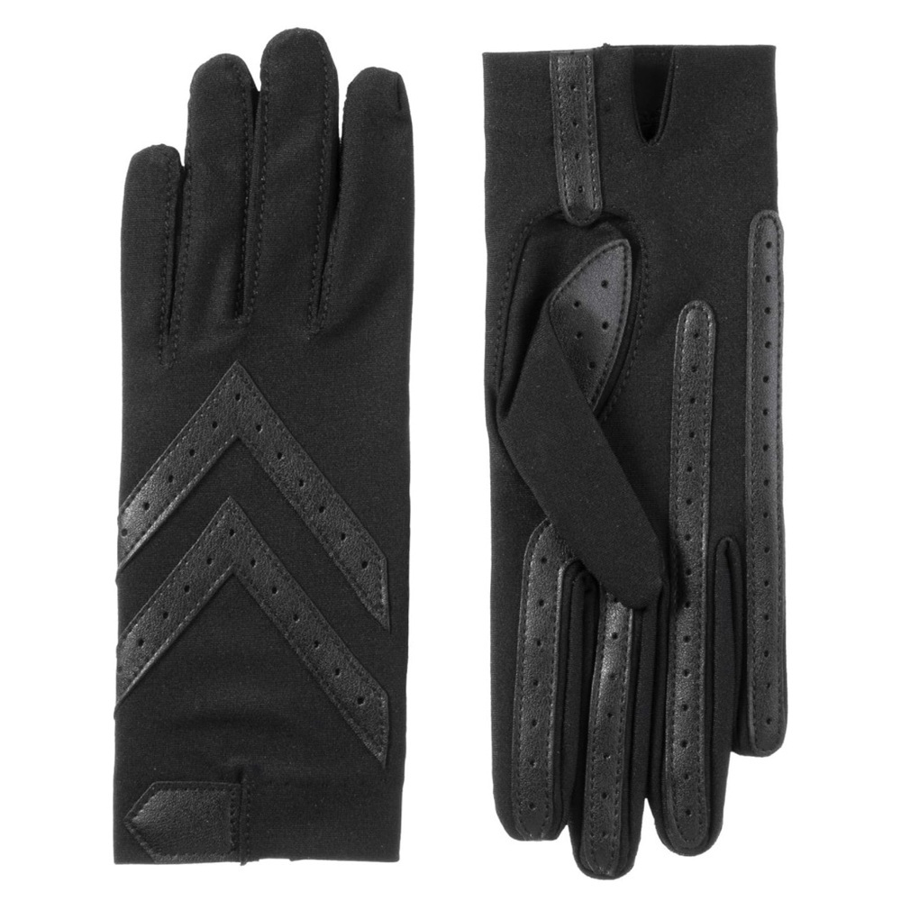 Isotoner Women's Spandex Shortie Winter Gloves in Black with Leather Details S/M